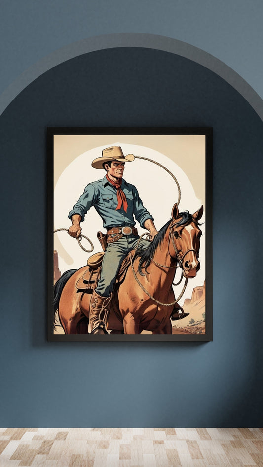 INSTANT DOWNLOAD: Vintage Retro Comic Style Cowboy On Horse Digital Art Poster